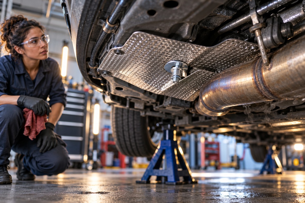Female mechanic wearing safety glasses inspects a secure metal exhaust heat shield underneath a car raised on jack stands