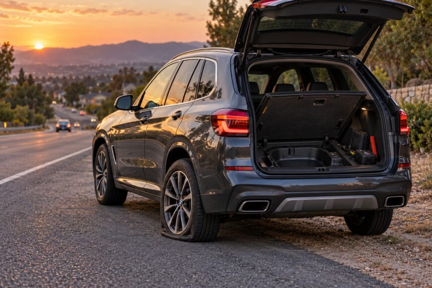 A dark grey BMW X3 parked on the side of a highway at sunset with a flat rear tire and an open trunk showing an empty under-floor storage area