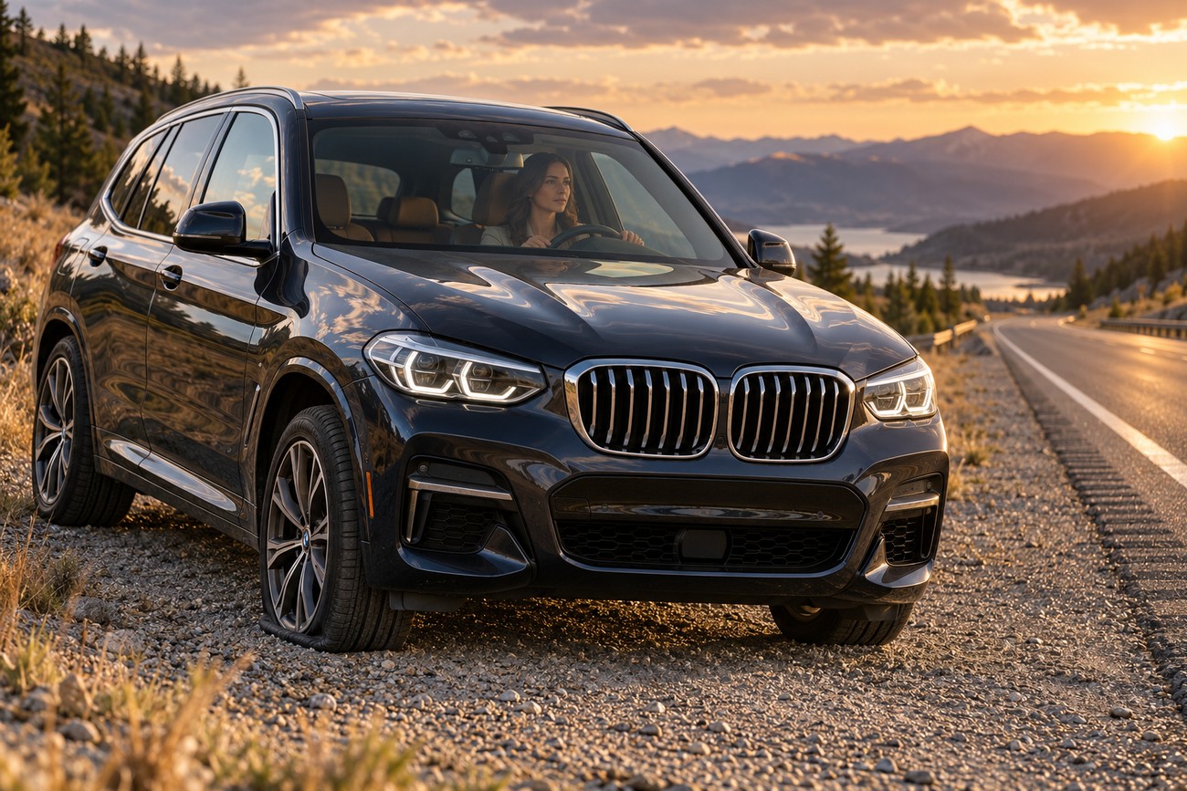 A woman driving a dark BMW X3 parked on a gravel roadside with a flat front tire against a scenic mountain sunset background
