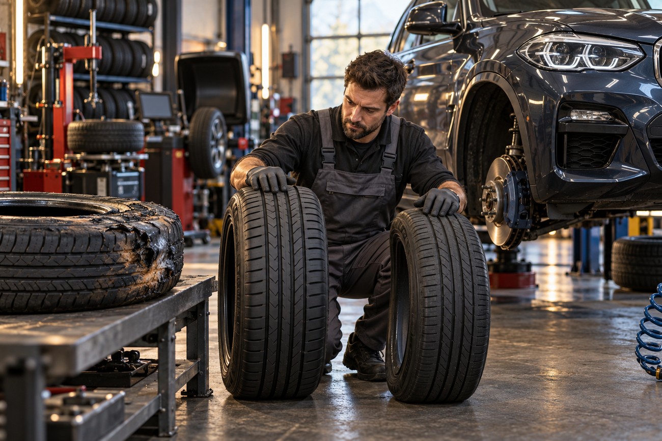 A mechanic in overalls inspecting run-flat tires in an auto repair shop with a BMW X3 on a lift