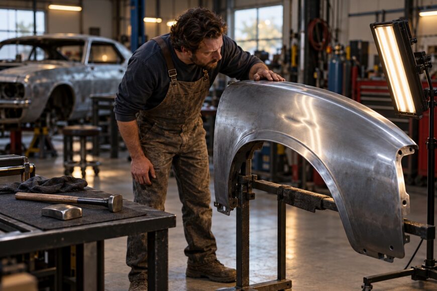 Mechanic carefully inspecting a bare metal car fender mounted on a stand in an auto repair shop