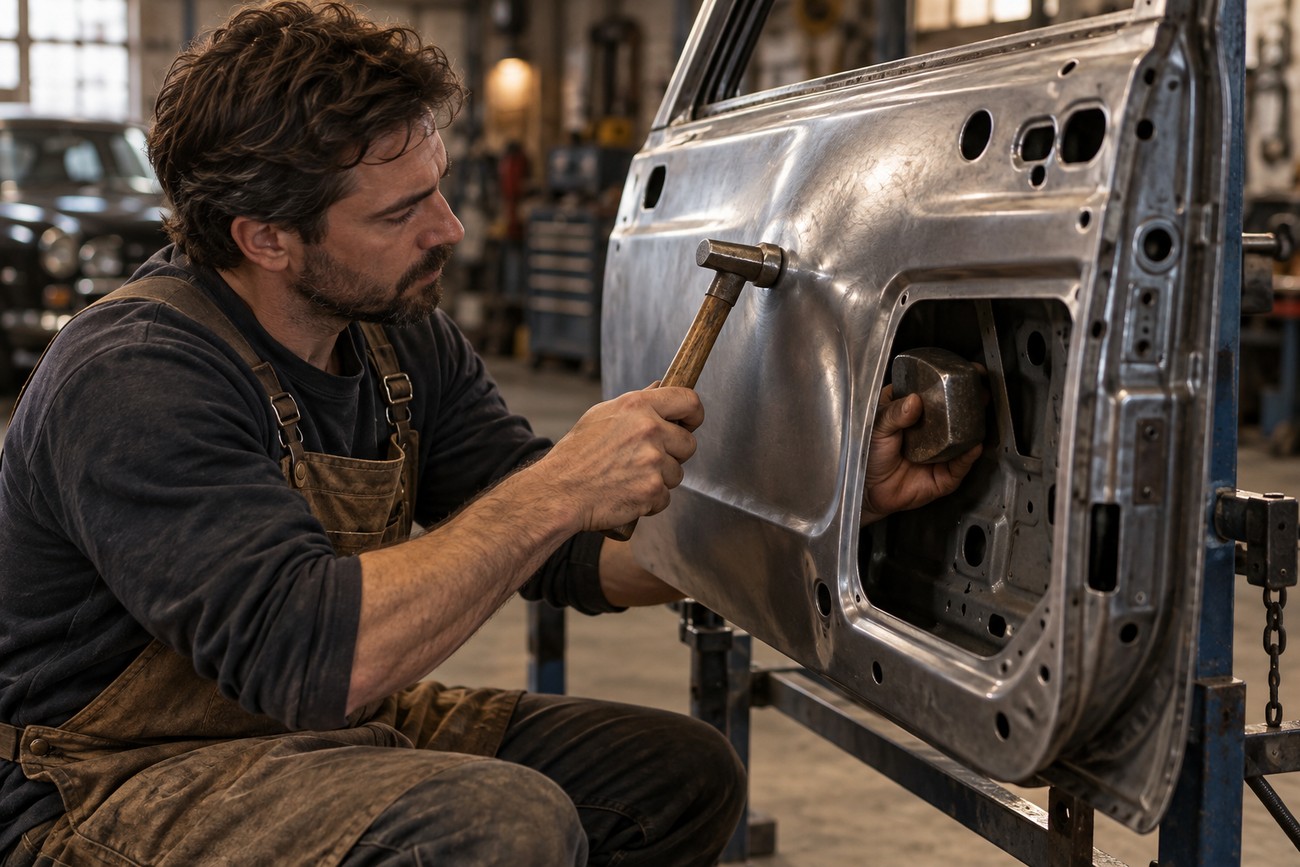 Mechanic using a hammer and dolly to repair a metal car door panel in a workshop