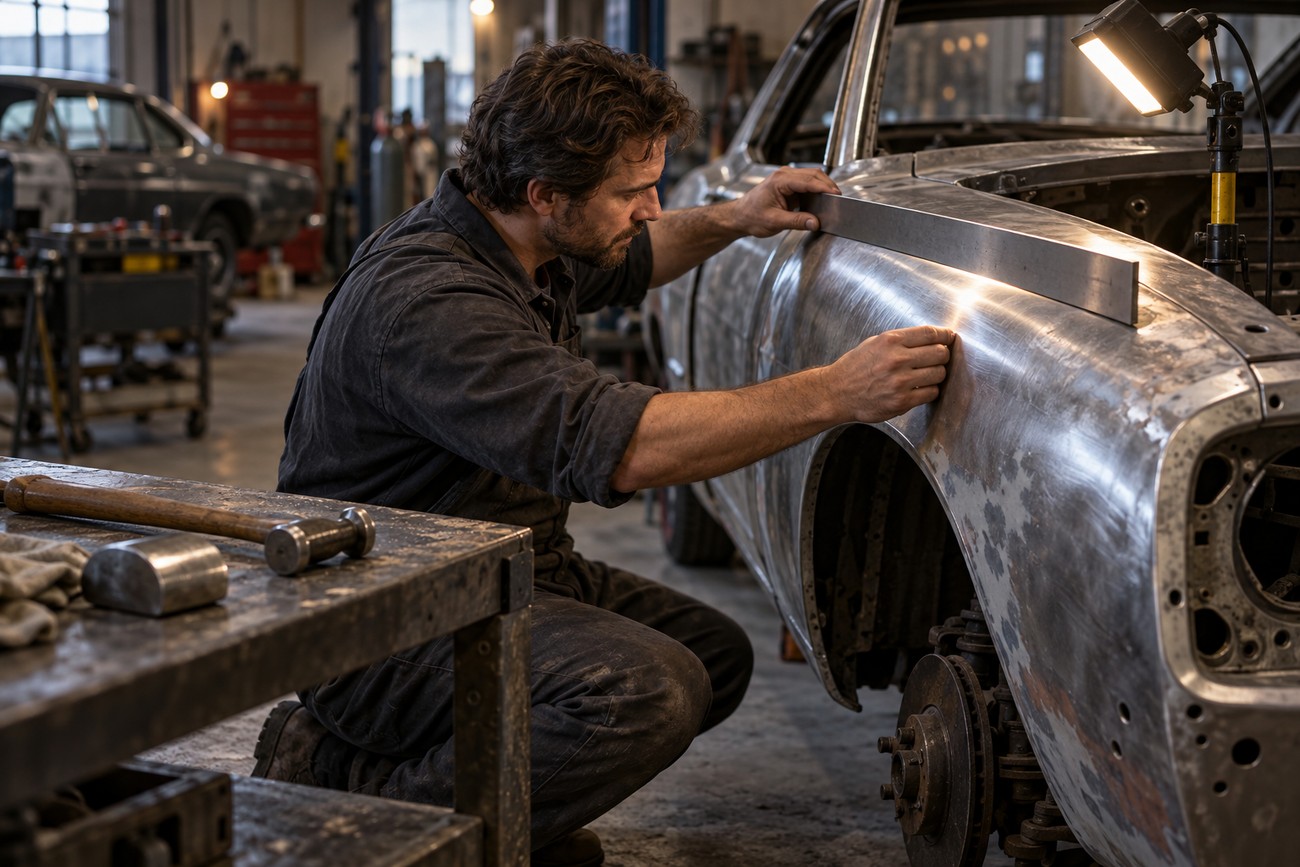 A mechanic inspecting the metal fender of a classic car with a straight edge in an auto body repair shop