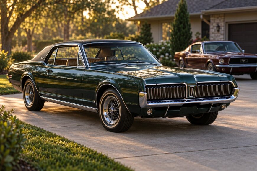 A classic dark green Mercury Cougar XR7 parked on a driveway with a vintage car in the background