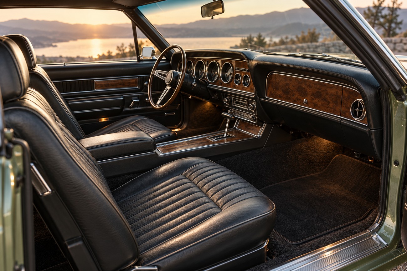 Classic Mercury Cougar XR7 interior featuring black pleated leather bucket seats and a wood-grain dashboard during sunset