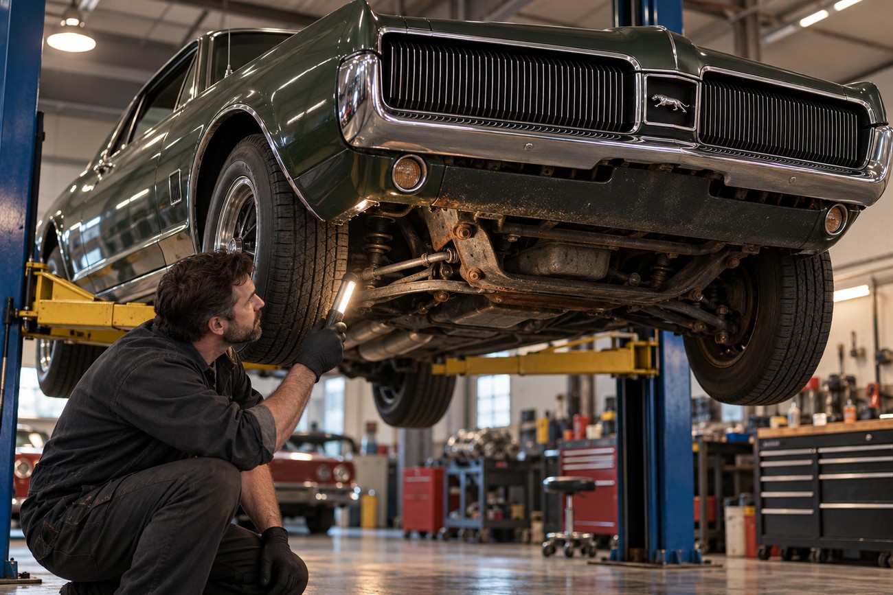A mechanic in black workwear squatting and holding a flashlight to inspect the suspension of a classic green Mercury Cougar XR7 lifted in a garage