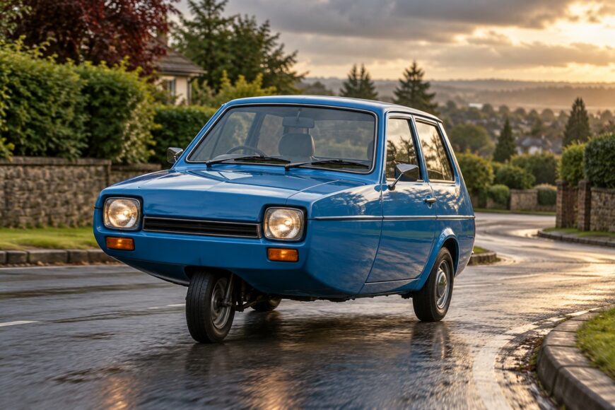 A blue Reliant Robin three-wheeled car driving around a curve on a wet suburban road at sunset