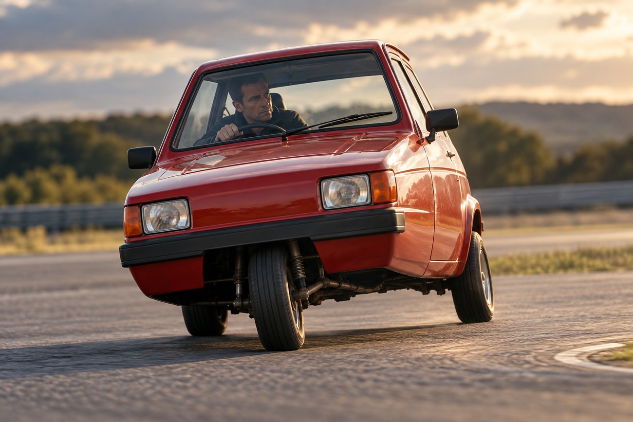 A man driving a red Reliant Robin three-wheeled car on an asphalt track during sunset