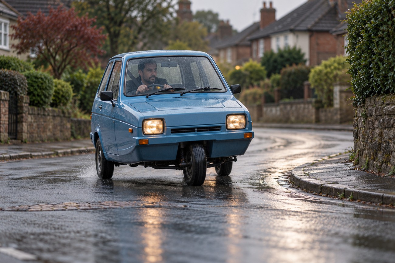 A blue Reliant Robin three-wheeled car driving on a wet asphalt street in a residential area