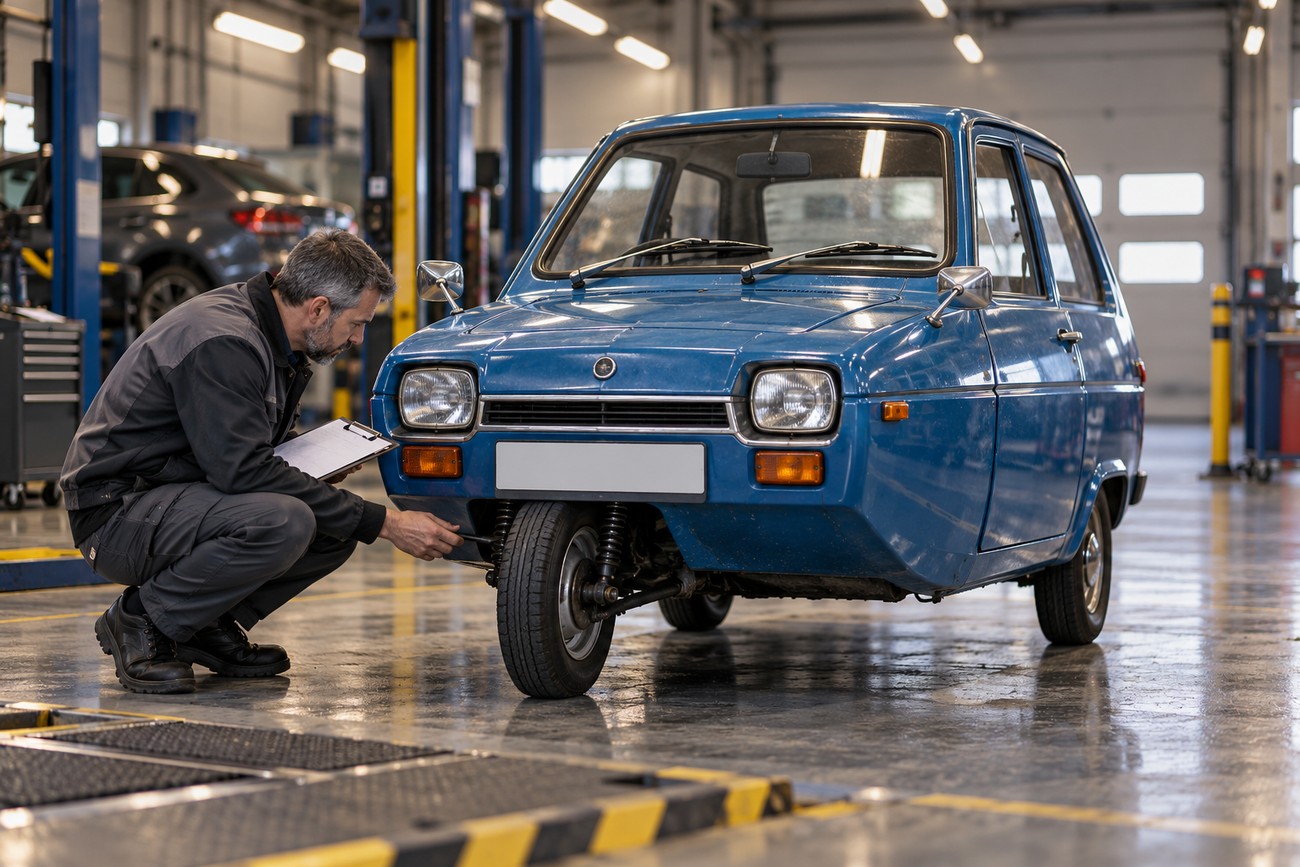 A mechanic in grey overalls inspects the front wheel and suspension of a blue Reliant Robin three-wheeler in a garage