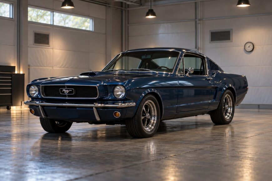 A classic dark blue Ford Mustang parked on a concrete floor inside a clean indoor storage garage
