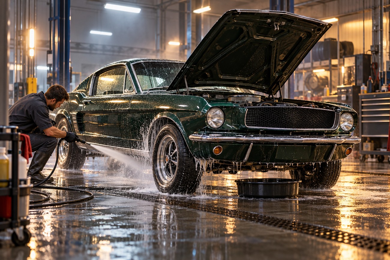 A mechanic wearing dark workwear washes a classic green Ford Mustang with a pressure washer in a bright service garage