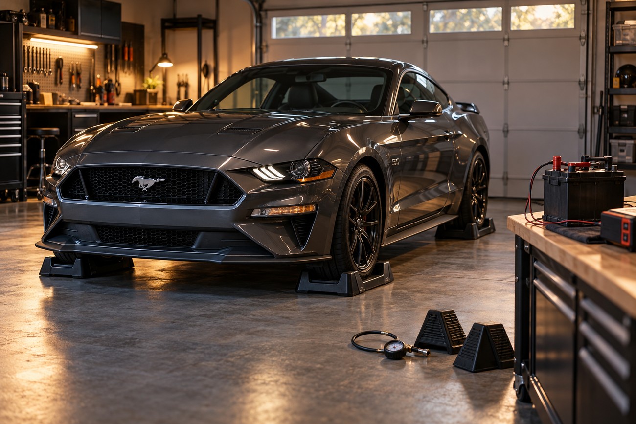 Dark gray Ford Mustang parked on tire ramps in a home garage with a car battery on a workbench