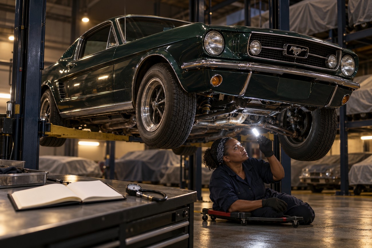 A female mechanic lying on a creeper and using a flashlight to inspect the undercarriage of a classic green Ford Mustang on a lift