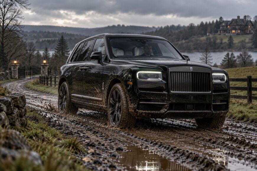 Black Rolls-Royce Cullinan luxury SUV driving through a muddy country road with splashes of water and dirt