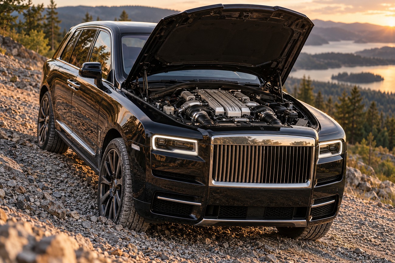 Black Rolls-Royce Cullinan luxury SUV with its hood open on a rocky mountain off-road trail during sunset