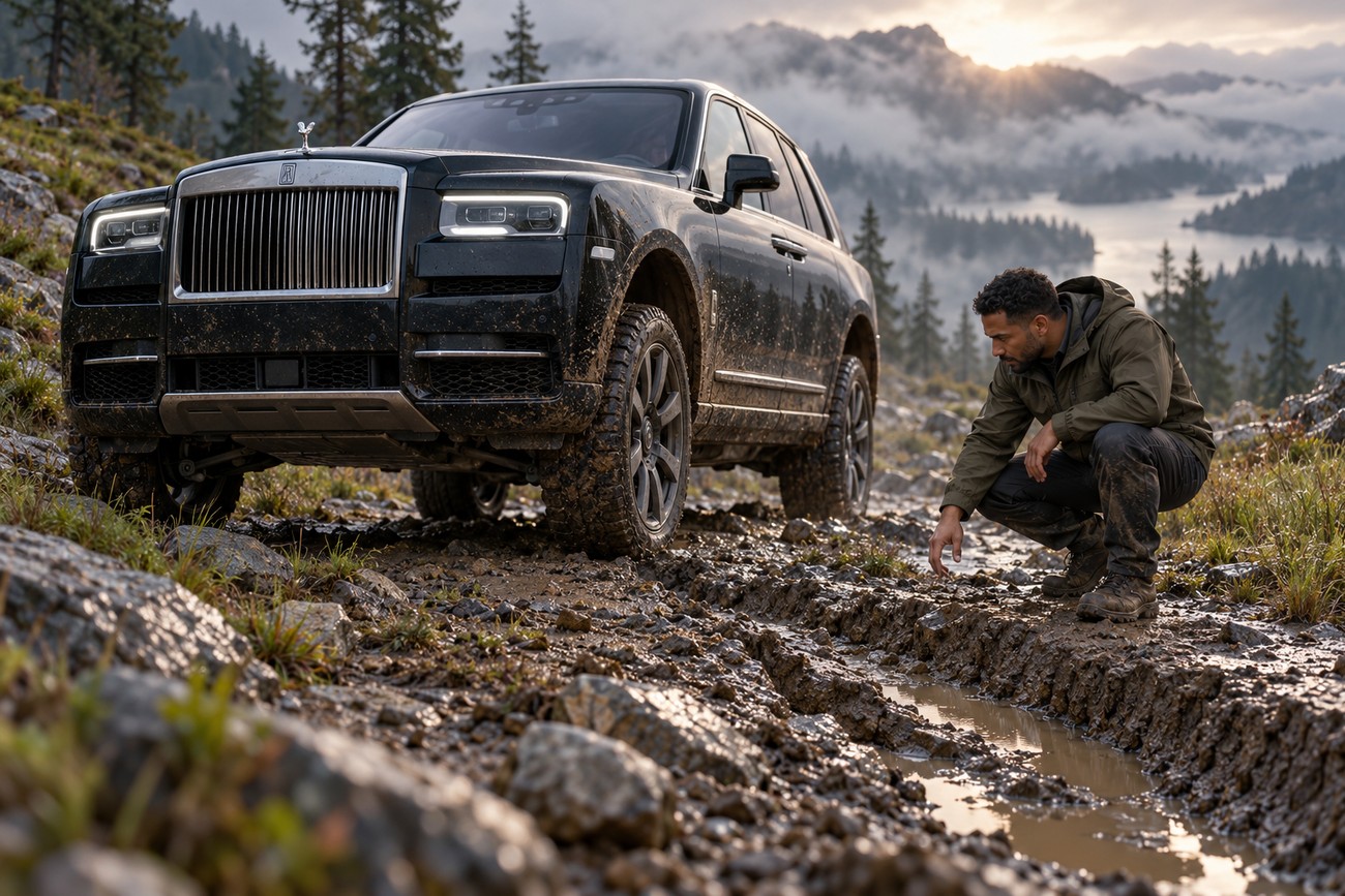 A man crouching and inspecting the muddy terrain in front of a luxury Rolls-Royce Cullinan SUV on a mountain trail