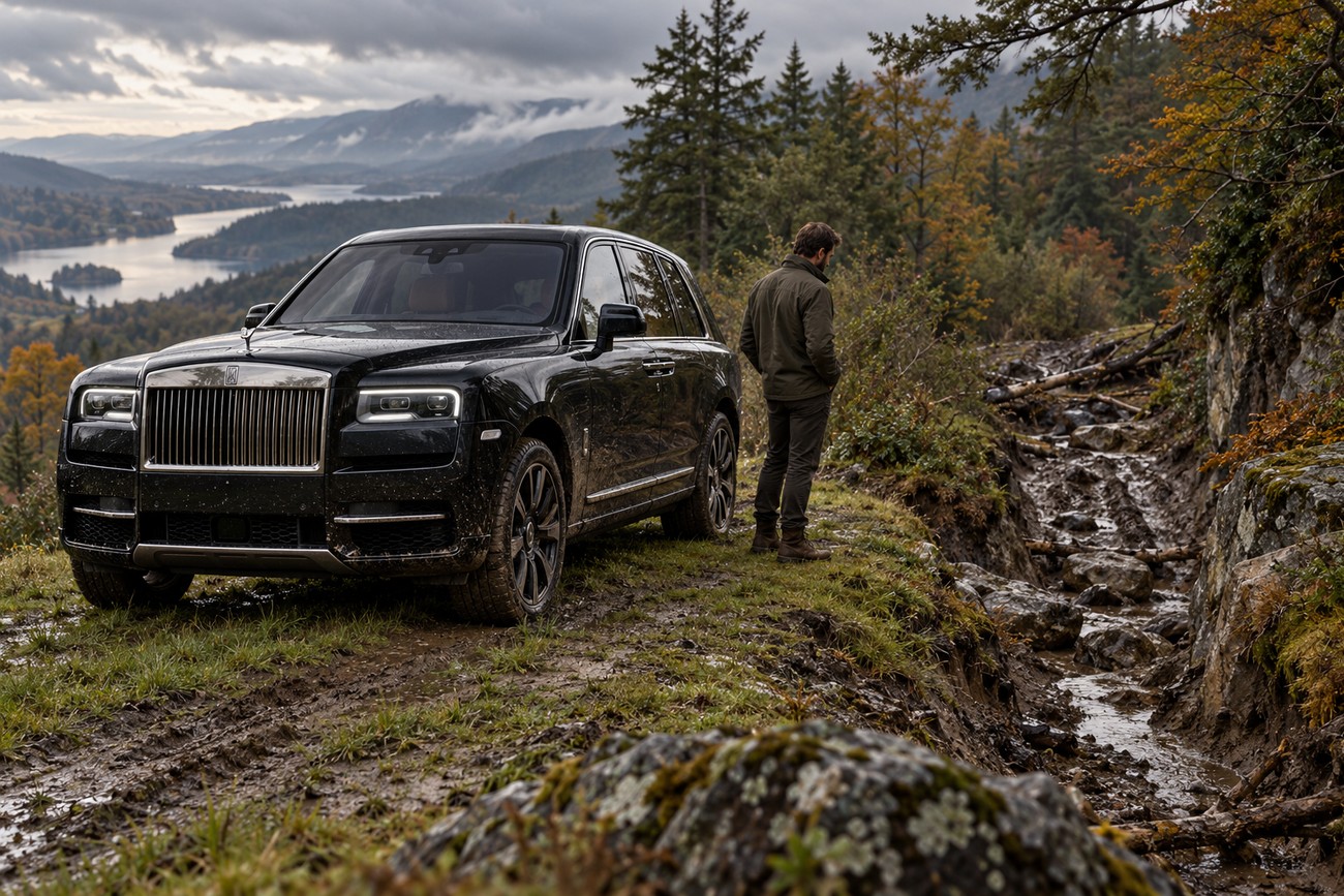 A black luxury Rolls-Royce Cullinan SUV parked on a muddy mountain trail as a man looks at the rugged off-road path