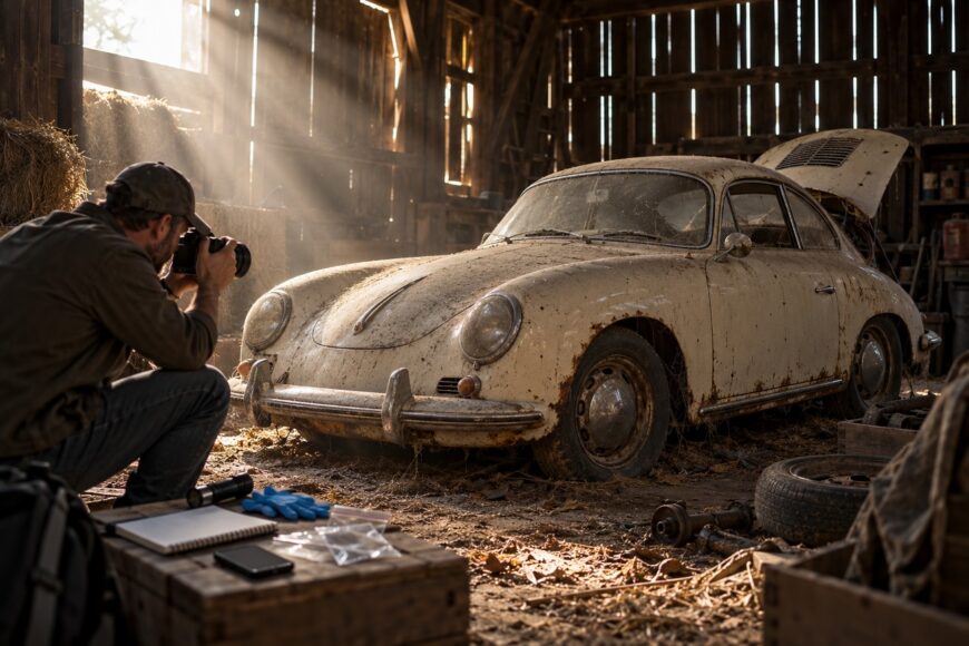 A man crouching in a dusty barn taking photos of a classic Porsche 356 discovery