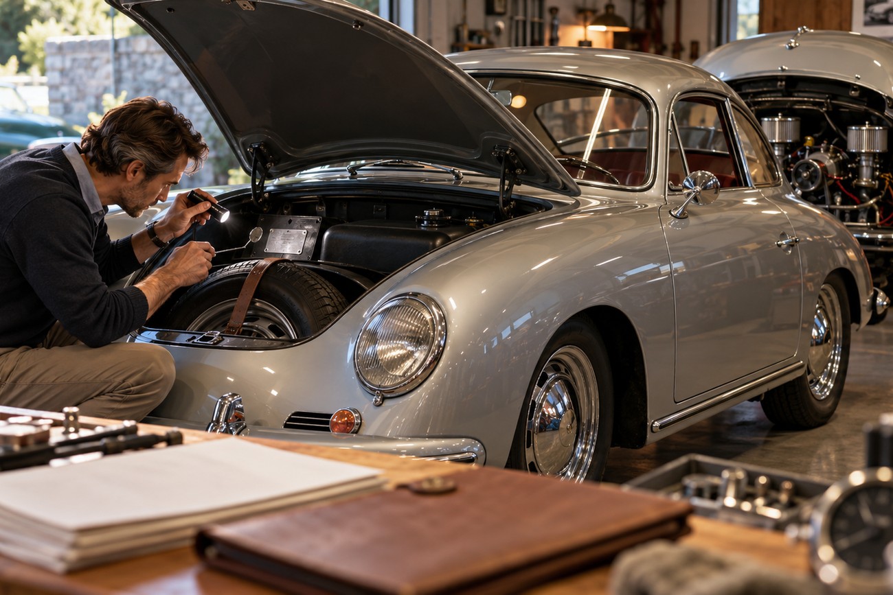 A man inspecting the open front trunk of a vintage silver Porsche 356 with a flashlight in a garage