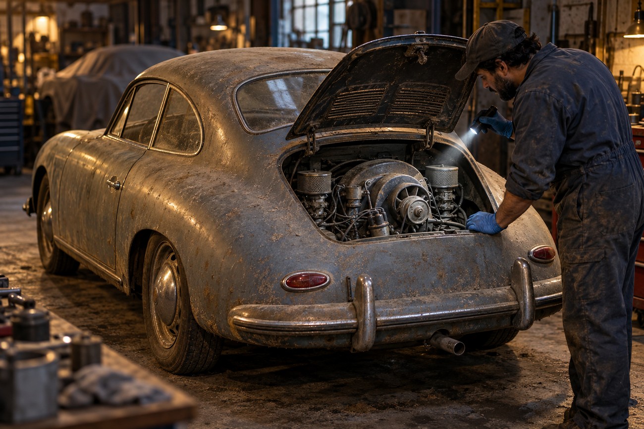 Mechanic in blue overalls inspecting the dusty engine bay of a classic barn find Porsche 356 with a flashlight in a garage
