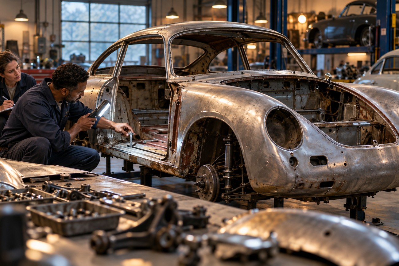 Mechanic examining the bare metal interior frame of a classic Porsche 356 in a workshop