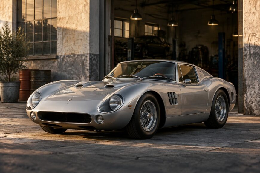 Silver Bizzarrini 5300 GT Strada sports car parked outside an old garage during sunset