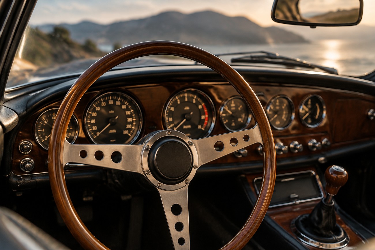 Classic wooden steering wheel and dashboard gauges inside a Bizzarrini 5300 GT Strada with a scenic coastal view outside