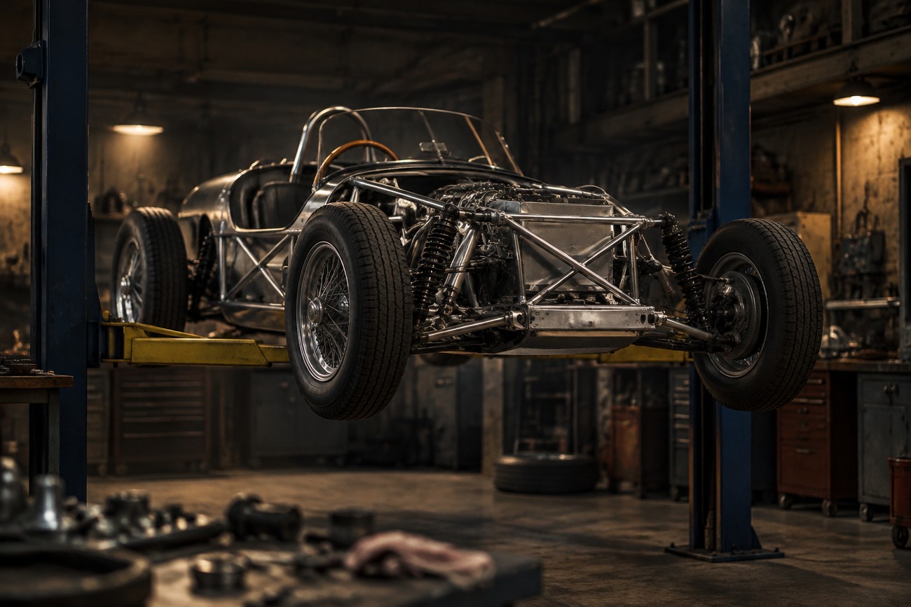 Bare tubular spaceframe chassis of a classic Bizzarrini 5300 GT lifted on a hydraulic hoist in a vintage workshop