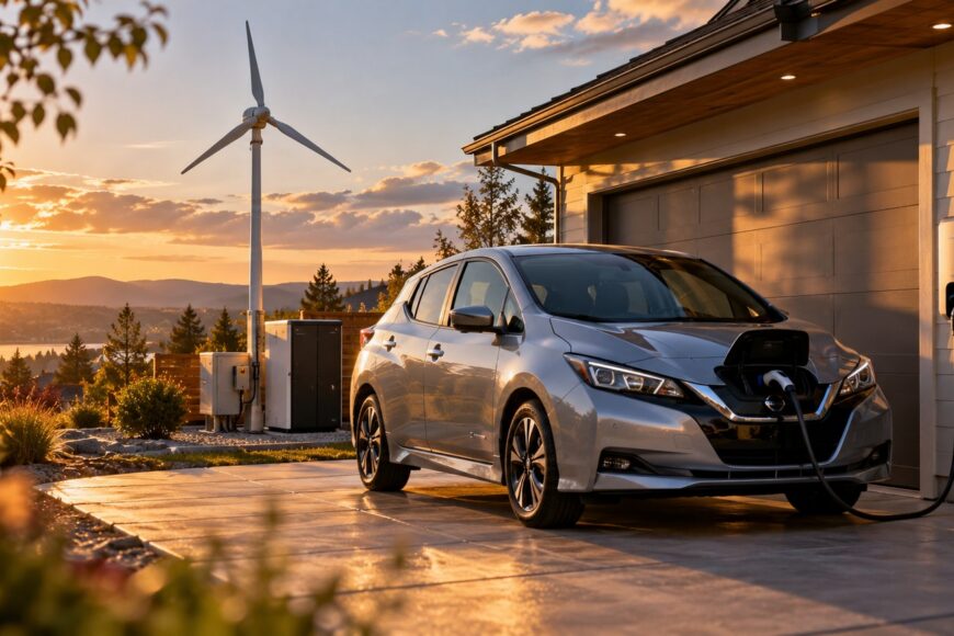 A silver Nissan Leaf electric car parked in a driveway charging with a home wind turbine at sunset