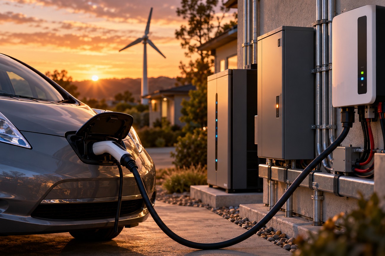 A Nissan Leaf electric vehicle plugged in and charging from a home power unit next to a house with a wind turbine in the background at sunset