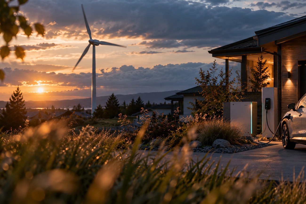 A modern electric car charging in a house driveway with a wind turbine spinning at sunset