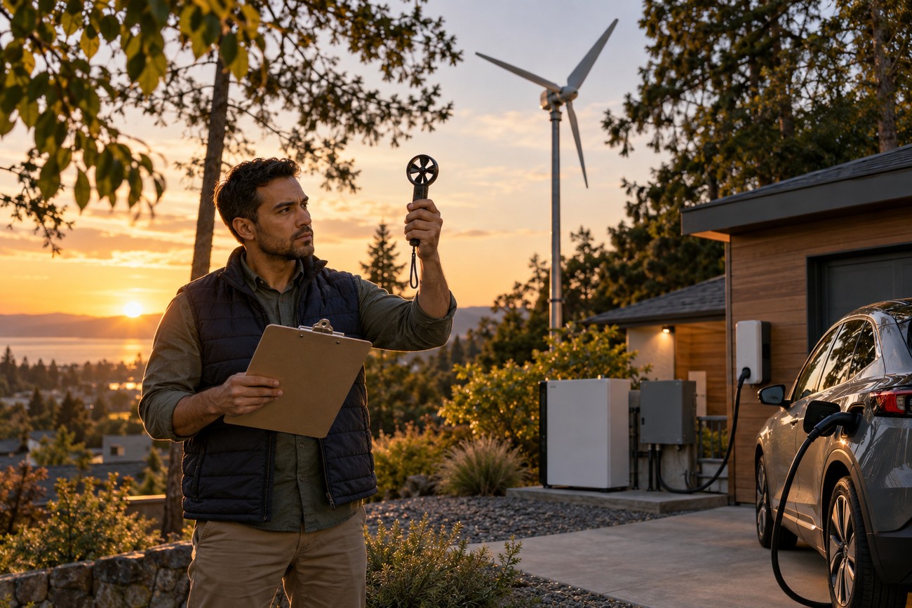 An engineer holding a wind meter and clipboard near a residential wind turbine and a charging electric vehicle