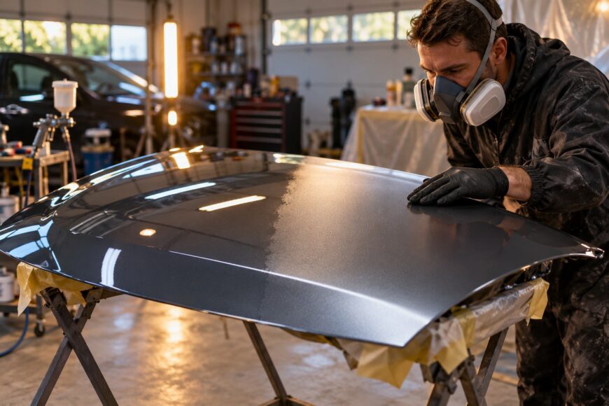 A technician wearing a respirator mask inspecting a freshly painted car hood in an automotive body shop