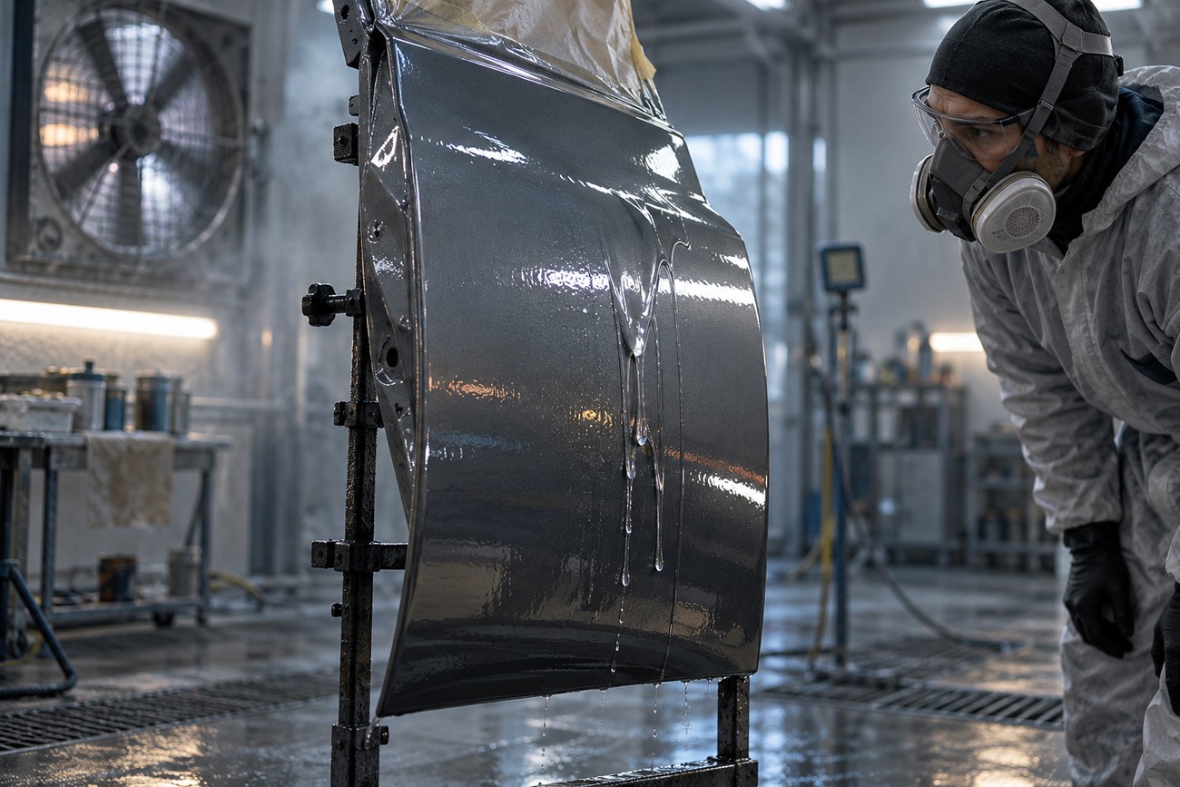 A technician in protective gear inspecting a fresh glossy clear coat run on a car door in an auto paint booth