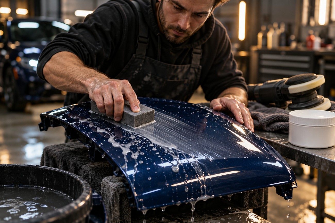 A mechanic in an apron wet sands a dark blue car body panel with a sanding block inside an auto repair shop