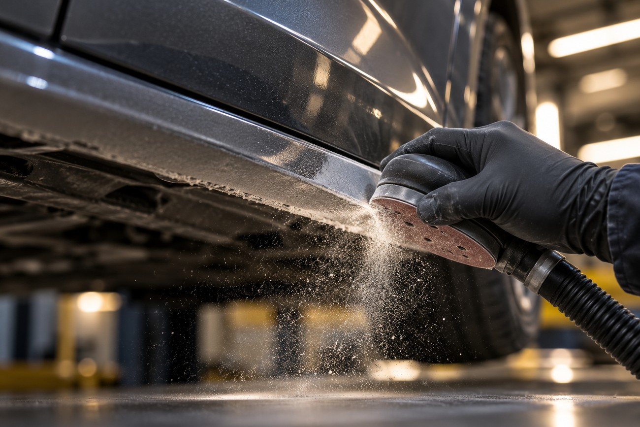A mechanic wearing black gloves uses an electric sander to buff the clear coat on a car rocker panel