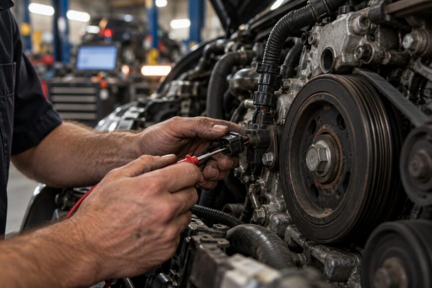 Mechanic using a multimeter to test the crankshaft position sensor connector on a car engine in a repair shop
