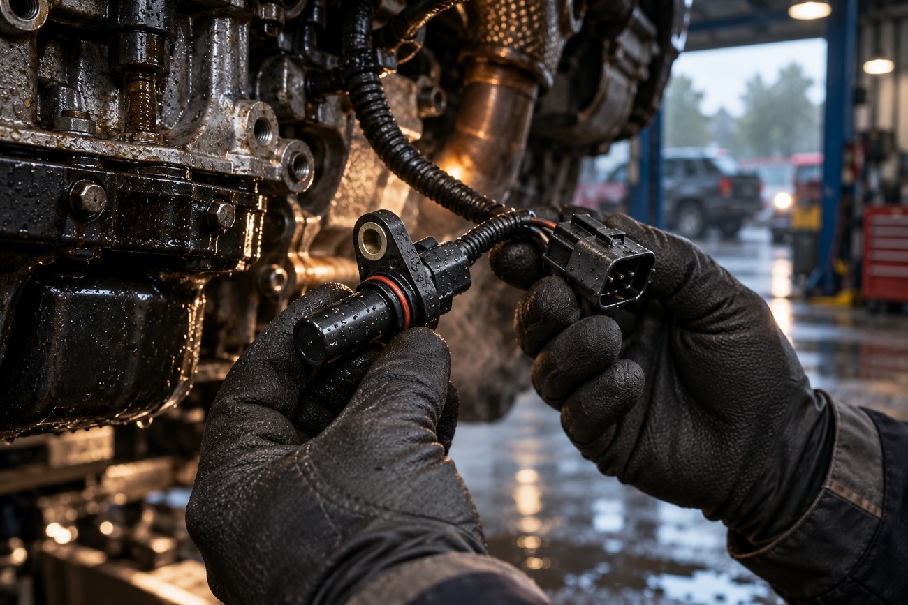 A mechanic wearing protective work gloves holding a crankshaft position sensor and connector wiring in front of a dirty car engine