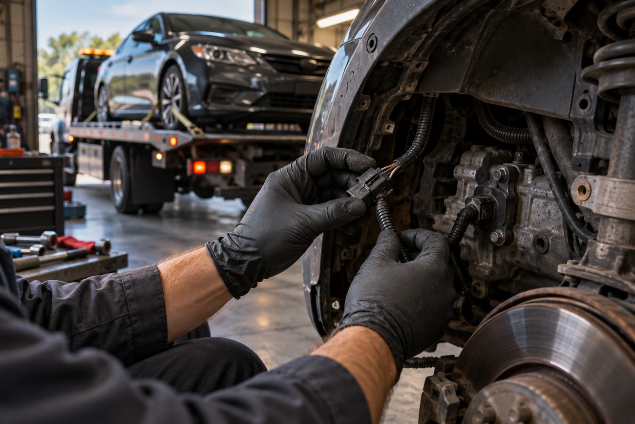 Mechanic wearing black protective gloves inspecting the electrical connector and wiring of a crankshaft position sensor in a car engine bay with a tow truck in the background