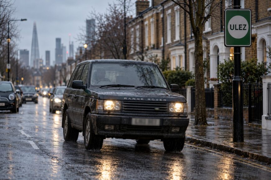 A dark Range Rover driving on a wet London street next to a green ULEZ sign with skyscrapers in the distance