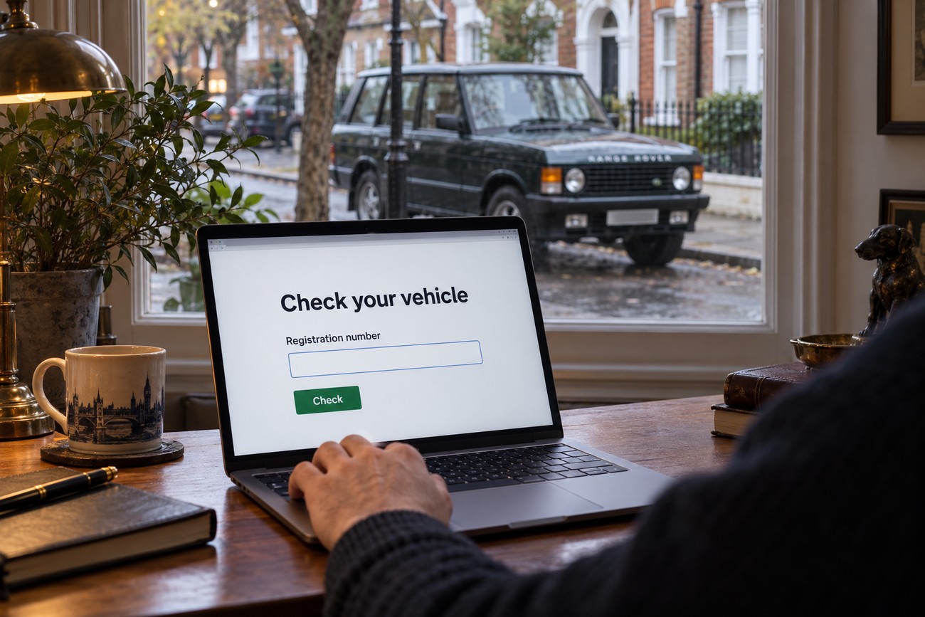 A person sitting at a desk typing on a laptop displaying a vehicle check page with a classic Range Rover parked outside the window on a London street