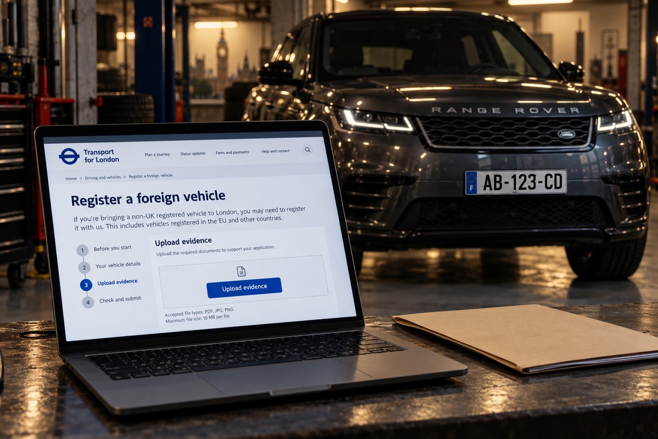 A laptop showing the Transport for London vehicle registration page with a Range Rover parked behind it in a garage
