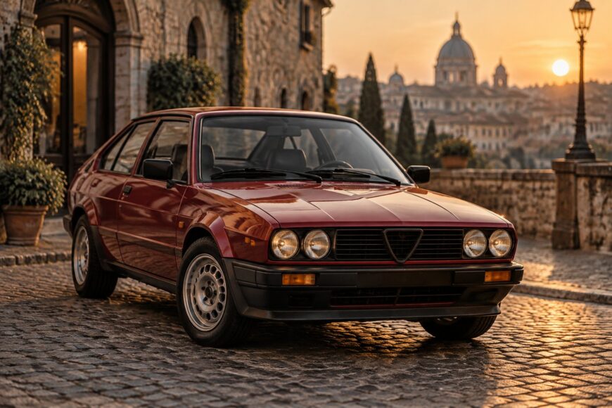 Red Innocenti Mini De Tomaso parked on a cobblestone street of a historic Italian village at sunset