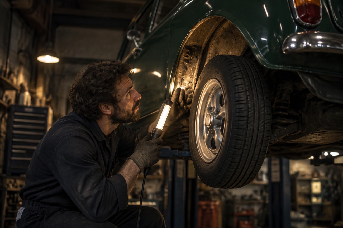 Mechanic with a work light inspecting the wheel arch of a classic green Innocenti Mini De Tomaso in a workshop