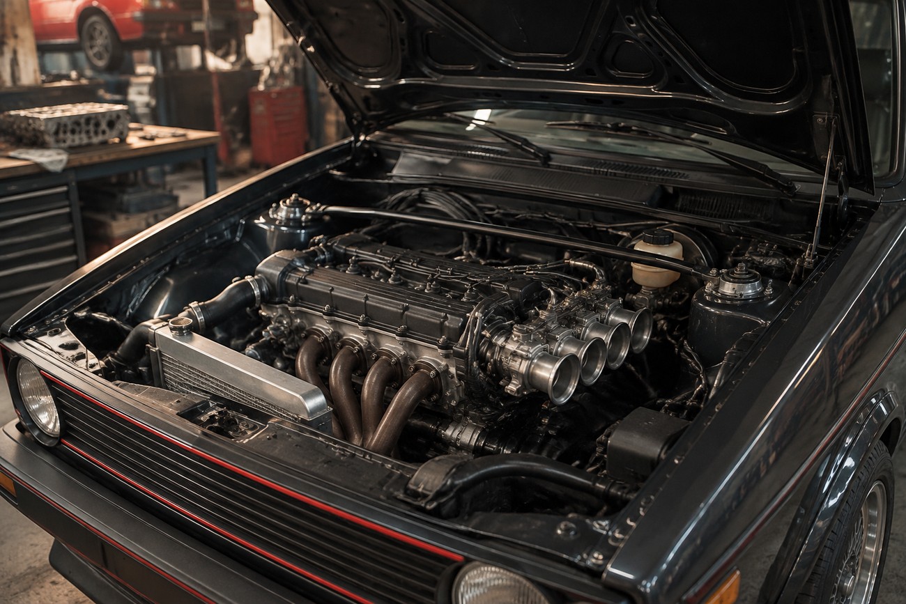 Open hood of a black Innocenti Mini De Tomaso revealing a detailed tuned engine with custom exhaust headers and velocity stacks inside a garage