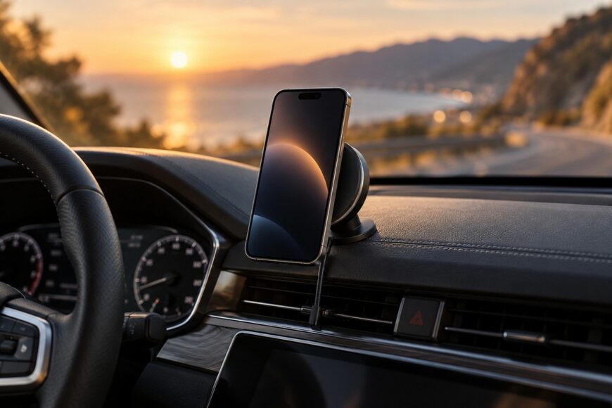 Smartphone attached to a magnetic car phone mount and wireless charging pad on a dashboard with a sunset view outside the window