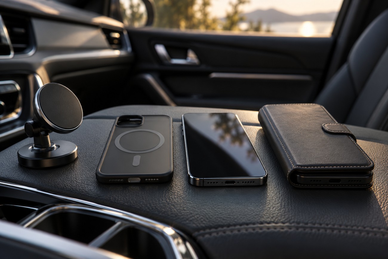 Magnetic car phone mount and smartphones with wireless charging cases lying on the leather center console inside a car