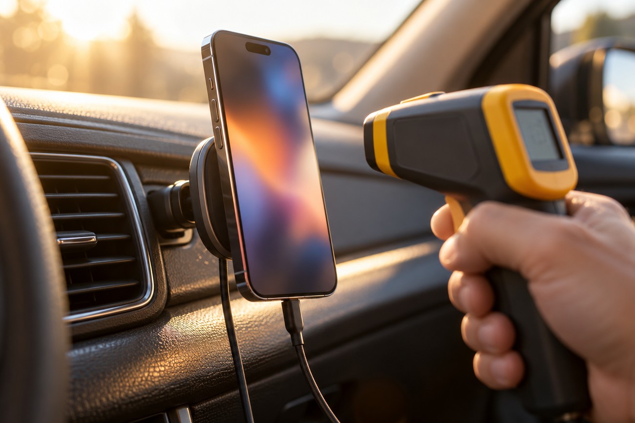 A hand holding an infrared thermometer pointing at a smartphone mounted on a magnetic wireless charger in a car
