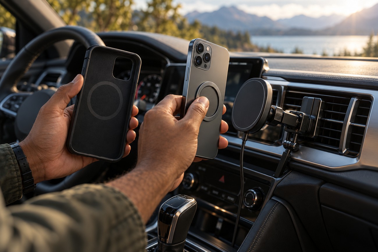 A driver holding a smartphone and a protective case with magnetic rings near a car vent mount